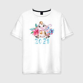Женская футболка хлопок Oversize с принтом год быка 2021 в Екатеринбурге, 100% хлопок | свободный крой, круглый ворот, спущенный рукав, длина до линии бедер
 | 2021 | бык | год быка | год коровы | новый год | символ года