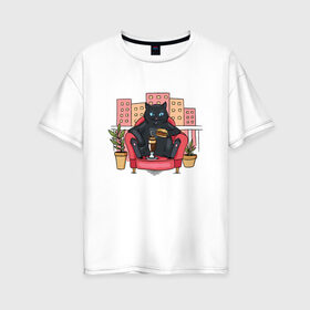Женская футболка хлопок Oversize с принтом Кот на балконе в Екатеринбурге, 100% хлопок | свободный крой, круглый ворот, спущенный рукав, длина до линии бедер
 | balcony | black | burger | cat | chillin | chilling | chonk | chubby | fat | kitten | kitty | pussy | pussycat | бегемот | бургер | киса | киска | коктейль | король | котенок | котяра | кошка | наглый | отдыхает | толстый | царь | черный | чи