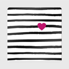 Магнит виниловый Квадрат с принтом Сердце с полосками в Екатеринбурге, полимерный материал с магнитным слоем | размер 9*9 см, закругленные углы | любовь | милый | модный | полоски | розовый | семья | сердце | чёрный