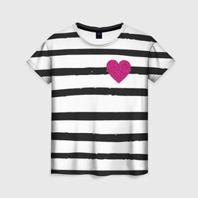 Женская футболка 3D с принтом Сердце с полосками в Екатеринбурге, 100% полиэфир ( синтетическое хлопкоподобное полотно) | прямой крой, круглый вырез горловины, длина до линии бедер | любовь | милый | модный | полоски | розовый | семья | сердце | чёрный