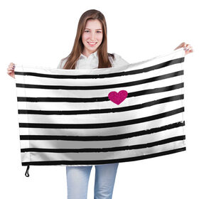 Флаг 3D с принтом Сердце с полосками в Екатеринбурге, 100% полиэстер | плотность ткани — 95 г/м2, размер — 67 х 109 см. Принт наносится с одной стороны | любовь | милый | модный | полоски | розовый | семья | сердце | чёрный
