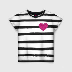 Детская футболка 3D с принтом Сердце с полосками в Екатеринбурге, 100% гипоаллергенный полиэфир | прямой крой, круглый вырез горловины, длина до линии бедер, чуть спущенное плечо, ткань немного тянется | Тематика изображения на принте: любовь | милый | модный | полоски | розовый | семья | сердце | чёрный