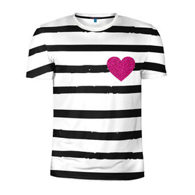Мужская футболка 3D спортивная с принтом Сердце с полосками в Екатеринбурге, 100% полиэстер с улучшенными характеристиками | приталенный силуэт, круглая горловина, широкие плечи, сужается к линии бедра | любовь | милый | модный | полоски | розовый | семья | сердце | чёрный