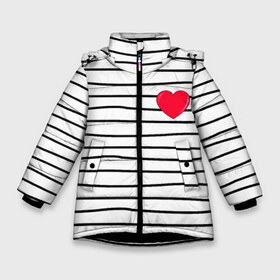 Зимняя куртка для девочек 3D с принтом Полоски с сердцем в Екатеринбурге, ткань верха — 100% полиэстер; подклад — 100% полиэстер, утеплитель — 100% полиэстер. | длина ниже бедра, удлиненная спинка, воротник стойка и отстегивающийся капюшон. Есть боковые карманы с листочкой на кнопках, утяжки по низу изделия и внутренний карман на молнии. 

Предусмотрены светоотражающий принт на спинке, радужный светоотражающий элемент на пуллере молнии и на резинке для утяжки. | Тематика изображения на принте: любовь | милый | модный | полоски | розовый | семья | сердце | чёрный