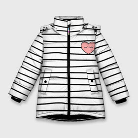 Зимняя куртка для девочек 3D с принтом Полоски с сердцем в Екатеринбурге, ткань верха — 100% полиэстер; подклад — 100% полиэстер, утеплитель — 100% полиэстер. | длина ниже бедра, удлиненная спинка, воротник стойка и отстегивающийся капюшон. Есть боковые карманы с листочкой на кнопках, утяжки по низу изделия и внутренний карман на молнии. 

Предусмотрены светоотражающий принт на спинке, радужный светоотражающий элемент на пуллере молнии и на резинке для утяжки. | Тематика изображения на принте: 