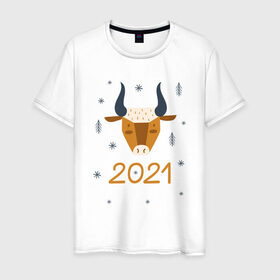 Мужская футболка хлопок с принтом год быка 2021 в Екатеринбурге, 100% хлопок | прямой крой, круглый вырез горловины, длина до линии бедер, слегка спущенное плечо. | 2021 | бык | год быка | год коровы | новый год | символ года