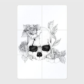 Магнитный плакат 2Х3 с принтом Череп с розами в Екатеринбурге, Полимерный материал с магнитным слоем | 6 деталей размером 9*9 см | Тематика изображения на принте: арт | белый | вектор | зубы | карандаш | рисунок | рисунок карандашом | роза | розы | цветок | цветы | череп | чёрный