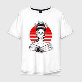 Мужская футболка хлопок Oversize с принтом Гейша в Екатеринбурге, 100% хлопок | свободный крой, круглый ворот, “спинка” длиннее передней части | anime | art | beauty | geisha | japan | japanese | manga | trend | woman | аниме | арт | восходящее | дневник | дневники | женщина | иллюстрация | искусство | красное | красота | манга | мода | портрет | символ | солнце | страна