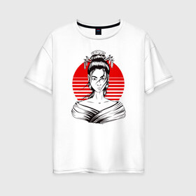 Женская футболка хлопок Oversize с принтом Гейша в Екатеринбурге, 100% хлопок | свободный крой, круглый ворот, спущенный рукав, длина до линии бедер
 | anime | art | beauty | geisha | japan | japanese | manga | trend | woman | аниме | арт | восходящее | дневник | дневники | женщина | иллюстрация | искусство | красное | красота | манга | мода | портрет | символ | солнце | страна