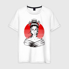 Мужская футболка хлопок с принтом Гейша в Екатеринбурге, 100% хлопок | прямой крой, круглый вырез горловины, длина до линии бедер, слегка спущенное плечо. | anime | art | beauty | geisha | japan | japanese | manga | trend | woman | аниме | арт | восходящее | дневник | дневники | женщина | иллюстрация | искусство | красное | красота | манга | мода | портрет | символ | солнце | страна