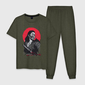 Мужская пижама хлопок с принтом Японский Воин Самурай в Екатеринбурге, 100% хлопок | брюки и футболка прямого кроя, без карманов, на брюках мягкая резинка на поясе и по низу штанин
 | art | blade | blood | illustration | japan | japanese | katana | mask | moon | ronin | samurai | sekiro | shogun | sword | tsushima | warrior | арт | в маске | иллюстрация | катана | кровавая | луна | мерч | меч | отступник | ронин | сегун |