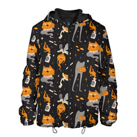 Мужская куртка 3D с принтом Halloween Monsters в Екатеринбурге, ткань верха — 100% полиэстер, подклад — флис | прямой крой, подол и капюшон оформлены резинкой с фиксаторами, два кармана без застежек по бокам, один большой потайной карман на груди. Карман на груди застегивается на липучку | angry | art | cat | creatures | flame | grumpy | horror | kitten | kitty | merch | pussy | pussycat | арт | грибы | злые | иллюстрация | котенок | кошка | кринж | мерч | монстры | наряд | недовольные | огонь | паттерн | сердитые | создания