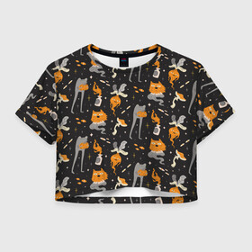 Женская футболка Crop-top 3D с принтом Halloween Monsters в Екатеринбурге, 100% полиэстер | круглая горловина, длина футболки до линии талии, рукава с отворотами | angry | art | cat | creatures | flame | grumpy | horror | kitten | kitty | merch | pussy | pussycat | арт | грибы | злые | иллюстрация | котенок | кошка | кринж | мерч | монстры | наряд | недовольные | огонь | паттерн | сердитые | создания