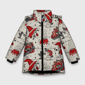 Зимняя куртка для девочек 3D с принтом Ретро Хэллоуин в Екатеринбурге, ткань верха — 100% полиэстер; подклад — 100% полиэстер, утеплитель — 100% полиэстер. | длина ниже бедра, удлиненная спинка, воротник стойка и отстегивающийся капюшон. Есть боковые карманы с листочкой на кнопках, утяжки по низу изделия и внутренний карман на молнии. 

Предусмотрены светоотражающий принт на спинке, радужный светоотражающий элемент на пуллере молнии и на резинке для утяжки. | coffin | cosplay | death | graves | graveyard | grim | reaper | retro | scythe | star | stars | vintage | witch | ведьма | гроб | звезды | кладбище | косплей | котел | могила | могилы | могильные цветы | полумесяц | розы | хеллоуи