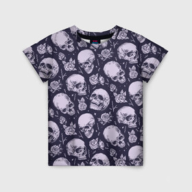 Детская футболка 3D с принтом Мрачные черепа с розами в Екатеринбурге, 100% гипоаллергенный полиэфир | прямой крой, круглый вырез горловины, длина до линии бедер, чуть спущенное плечо, ткань немного тянется | dark | gloomy | grim | halloween | hell | metal | metall | music | reaper | roses | skeleton | skull | skulls | souls | thorns | ад | взгляд | души | жнец | йорик | метал | металл | мрак | музыка | розы | скелет | скелеты | те