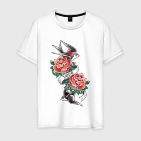 Мужская футболка хлопок с принтом Птичье тату в Екатеринбурге, 100% хлопок | прямой крой, круглый вырез горловины, длина до линии бедер, слегка спущенное плечо. | love | арт | красная роза | красные розы | ласточка | ласточки | любовь | птица | птицы | рисунок | роза | розы | тату