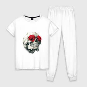 Женская пижама хлопок с принтом Череп с розами в Екатеринбурге, 100% хлопок | брюки и футболка прямого кроя, без карманов, на брюках мягкая резинка на поясе и по низу штанин | арт | белый | вектор | зубы | карандаш | красная роза | красные розы | рисунок | рисунок карандаш | роза | розы | череп | чёрный