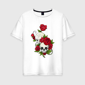 Женская футболка хлопок Oversize с принтом Розы в Екатеринбурге, 100% хлопок | свободный крой, круглый ворот, спущенный рукав, длина до линии бедер
 | алая роза | алые розы | алый | арт | белый | вектор | готика | зубы | красная роза | красные розы | красный | рисунок | роза | розы | череп | чёрный