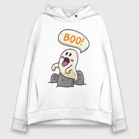 Женское худи Oversize хлопок с принтом BOO Хэллоуин в Екатеринбурге, френч-терри — 70% хлопок, 30% полиэстер. Мягкий теплый начес внутри —100% хлопок | боковые карманы, эластичные манжеты и нижняя кромка, капюшон на магнитной кнопке | boo | halloween | буу | дух | кладбище | могила | приведение | призрак | страшила | ужас | хэллоуин | хэлоуин