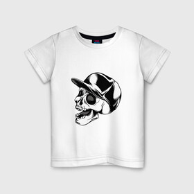 Детская футболка хлопок с принтом Череп в кепке в Екатеринбурге, 100% хлопок | круглый вырез горловины, полуприлегающий силуэт, длина до линии бедер | арт | белый | в кепке | вектор | кепка | рисунок | скелет | череп | чёрный