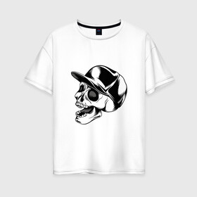 Женская футболка хлопок Oversize с принтом Череп в кепке в Екатеринбурге, 100% хлопок | свободный крой, круглый ворот, спущенный рукав, длина до линии бедер
 | арт | белый | в кепке | вектор | кепка | рисунок | скелет | череп | чёрный