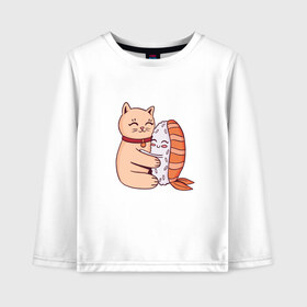 Детский лонгслив хлопок с принтом Котик обнимается с суши в Екатеринбурге, 100% хлопок | круглый вырез горловины, полуприлегающий силуэт, длина до линии бедер | cat | cats | cute | hug | hugs | kawaii | kitten | kitty | neko | nigiri | pussy | pussycat | sushi | арт | кавайи | кавайный | киса | киска | кот | котенок | котики | котята | кошка | кошки | милота | милые | милый | неко | нигири | обнимашк