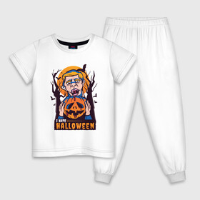 Детская пижама хлопок с принтом I hate halloween в Екатеринбурге, 100% хлопок |  брюки и футболка прямого кроя, без карманов, на брюках мягкая резинка на поясе и по низу штанин
 | bat | bats | clerc | human | killer | pumpkin | vampire | zombie | вампир | вурдалак | зомби | интроверт | кладбище | клерк | летучие мыши | мерч | не наш праздник | ненавижу | ненависть | тыква | тыквенная голова | убил | хеллоуи