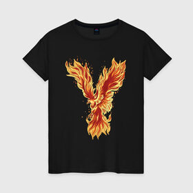 Женская футболка хлопок с принтом Птица Феникс в Екатеринбурге, 100% хлопок | прямой крой, круглый вырез горловины, длина до линии бедер, слегка спущенное плечо | arabia | bird | eagle | egypt | eternal | fire | flame | flames | myph | phoenix | sun | аравия | восстал | горит | горящая | египет | из огня | из пепла | каббала | миф | мифология | огненный | орел | пламенный | пламя | птичка 