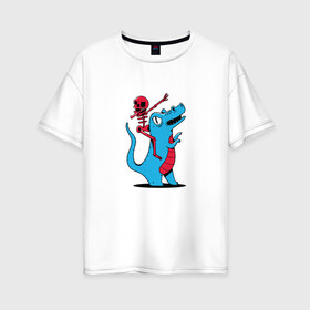 Женская футболка хлопок Oversize с принтом Скелет верхом на динозавре в Екатеринбурге, 100% хлопок | свободный крой, круглый ворот, спущенный рукав, длина до линии бедер
 | art | blue | dab | dabbing | dino | dinosaur | halloween | red | skelet | skeleton | t rex | арт | даб | дэб | дэббинг | красный | на стиле | праздник | прикол | синий | стиль | танец | танцует | тираннозавр | тиранозавр | тирекс | тренд |