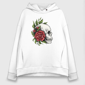 Женское худи Oversize хлопок с принтом Череп и Роза в Екатеринбурге, френч-терри — 70% хлопок, 30% полиэстер. Мягкий теплый начес внутри —100% хлопок | боковые карманы, эластичные манжеты и нижняя кромка, капюшон на магнитной кнопке | art | bones | fashion | flowers | jolly roger | rose | roses | skeleton | skull | skulls | smile | smiling | арт | ваза | иллюстрация | кости | лепестки | листья | мода | рисунок | роза | розы | скелет | стиль | тренд | улыбающийся | улыбка | ч