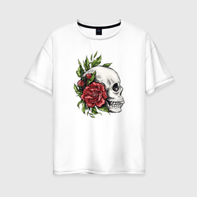 Женская футболка хлопок Oversize с принтом Череп и Роза в Екатеринбурге, 100% хлопок | свободный крой, круглый ворот, спущенный рукав, длина до линии бедер
 | art | bones | fashion | flowers | jolly roger | rose | roses | skeleton | skull | skulls | smile | smiling | арт | ваза | иллюстрация | кости | лепестки | листья | мода | рисунок | роза | розы | скелет | стиль | тренд | улыбающийся | улыбка | ч