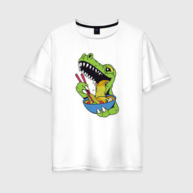 Женская футболка хлопок Oversize с принтом Ти Рекс ест Рамен в Екатеринбурге, 100% хлопок | свободный крой, круглый ворот, спущенный рукав, длина до линии бедер
 | anime | cute | dino | dinosaur | kanji | kawaii | manga | rex | sushi | t rex | анимешный | грааль | динозаврик | иероглифы | катакана | кушает | лапша | макароны | манга | милота | милый | повелитель | рамен | рекс | суп | суши