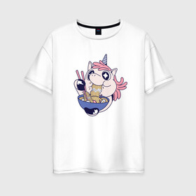 Женская футболка хлопок Oversize с принтом Единорог ест Рамен в Екатеринбурге, 100% хлопок | свободный крой, круглый ворот, спущенный рукав, длина до линии бедер
 | anime | cute | kanji | kawaii | manga | pink | rainbow | sushi | unicorn | unicorns | анимешный | волшебный | грааль | единорожка | иероглифы | катакана | кушает | лапша | макароны | манга | милота | милый | повелитель | радуга | рамен