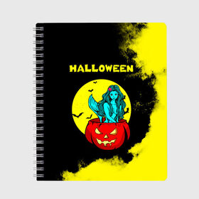Тетрадь с принтом Halloween в Екатеринбурге, 100% бумага | 48 листов, плотность листов — 60 г/м2, плотность картонной обложки — 250 г/м2. Листы скреплены сбоку удобной пружинной спиралью. Уголки страниц и обложки скругленные. Цвет линий — светло-серый
 | 31 октября | halloween | halowen | ведьма | день всех святых | джек | костюм | кровь | лого | монстр | надпись | праздник | приведение | призрак | светильник | символ | страшная | тыква | ужасы | хеллоуин | хеллуин