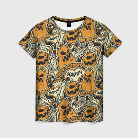 Женская футболка 3D с принтом Хэллоуин в Екатеринбурге, 100% полиэфир ( синтетическое хлопкоподобное полотно) | прямой крой, круглый вырез горловины, длина до линии бедер | art | background | candy | halloween | pumpkin | star | texture | арт | звезда | конфеты | текстура | тыква | фон | хэллоуин | хэлуин