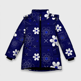 Зимняя куртка для девочек 3D с принтом Сhamomile в Екатеринбурге, ткань верха — 100% полиэстер; подклад — 100% полиэстер, утеплитель — 100% полиэстер. | длина ниже бедра, удлиненная спинка, воротник стойка и отстегивающийся капюшон. Есть боковые карманы с листочкой на кнопках, утяжки по низу изделия и внутренний карман на молнии. 

Предусмотрены светоотражающий принт на спинке, радужный светоотражающий элемент на пуллере молнии и на резинке для утяжки. | abstraction | blue | chamomile | flowers | patterns | shapes | texture | абстракция | ромашки | синий | текстура | узоры | формы | цветы