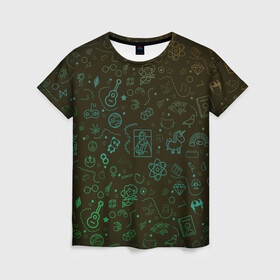 Женская футболка 3D с принтом Иконпак в Екатеринбурге, 100% полиэфир ( синтетическое хлопкоподобное полотно) | прямой крой, круглый вырез горловины, длина до линии бедер | гитара | джойстик | единорог | иконки | кубики | лего | мона лиза