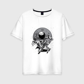 Женская футболка хлопок Oversize с принтом Космический скейт в Екатеринбурге, 100% хлопок | свободный крой, круглый ворот, спущенный рукав, длина до линии бедер
 | арт | астронавт | звезда | звёзды | космический отдых | космонавт | космос | ночь | рисунок | скафандр | скейт | скейтборд