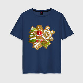 Женская футболка хлопок Oversize с принтом Christmas gingerbread в Екатеринбурге, 100% хлопок | свободный крой, круглый ворот, спущенный рукав, длина до линии бедер
 | 