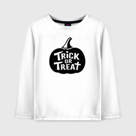 Детский лонгслив хлопок с принтом Trick or Treat в Екатеринбурге, 100% хлопок | круглый вырез горловины, полуприлегающий силуэт, длина до линии бедер | 31 октября | halloween | halowen | ведьма | день всех святых | джек | костюм | кровь | лого | монстр | надпись | праздник | приведение | призрак | светильник | символ | страшная | тыква | ужасы | хеллоуин | хеллуин