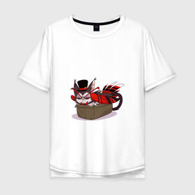 Мужская футболка хлопок Oversize с принтом Хаск в Екатеринбурге, 100% хлопок | свободный крой, круглый ворот, “спинка” длиннее передней части | арт | демон | коробка | кот в коробке | кошачий демон | крылья | пернатый | пернатый демон | птица в коробке | рисунок | хаск | шляпа