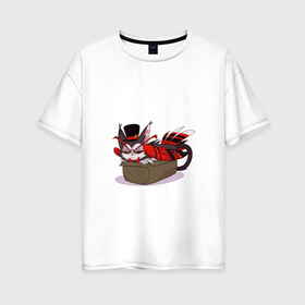 Женская футболка хлопок Oversize с принтом Хаск в Екатеринбурге, 100% хлопок | свободный крой, круглый ворот, спущенный рукав, длина до линии бедер
 | арт | демон | коробка | кот в коробке | кошачий демон | крылья | пернатый | пернатый демон | птица в коробке | рисунок | хаск | шляпа