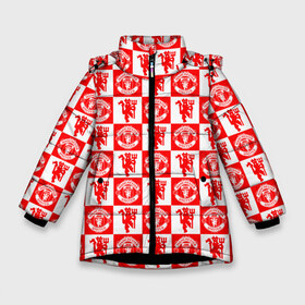 Зимняя куртка для девочек 3D с принтом MANCHESTER UNITED в Екатеринбурге, ткань верха — 100% полиэстер; подклад — 100% полиэстер, утеплитель — 100% полиэстер. | длина ниже бедра, удлиненная спинка, воротник стойка и отстегивающийся капюшон. Есть боковые карманы с листочкой на кнопках, утяжки по низу изделия и внутренний карман на молнии. 

Предусмотрены светоотражающий принт на спинке, радужный светоотражающий элемент на пуллере молнии и на резинке для утяжки. | football | manchester united | англия. | кристал пэлас | манчестер | манчестер сити | манчестер юнайтед | футбол