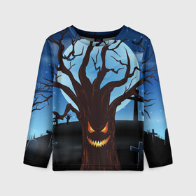 Детский лонгслив 3D с принтом Жуткое дерево на кладбище в Екатеринбурге, 100% полиэстер | длинные рукава, круглый вырез горловины, полуприлегающий силуэт
 | 2020 | evil | halloween | tree | ветви | дерево | дуб | зло | кладбище | луна | монстр | ночь | полночь | страшный | ужасающий | хэллоуин | хэлоуин