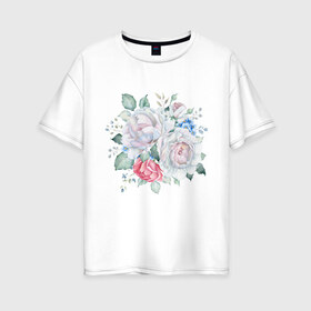 Женская футболка хлопок Oversize с принтом Букет белые розы в Екатеринбурге, 100% хлопок | свободный крой, круглый ворот, спущенный рукав, длина до линии бедер
 | белые розы | букет | лето | нежность | цветы