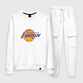 Женский костюм хлопок с принтом Lakers - James в Екатеринбурге, 100% хлопок | на свитшоте круглая горловина, мягкая резинка по низу. Брюки заужены к низу, на них два вида карманов: два 