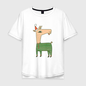 Мужская футболка хлопок Oversize с принтом Рождественская Лама в Екатеринбурге, 100% хлопок | свободный крой, круглый ворот, “спинка” длиннее передней части | 