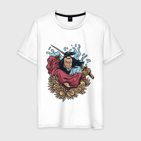 Мужская футболка хлопок с принтом Древний Самурай в Екатеринбурге, 100% хлопок | прямой крой, круглый вырез горловины, длина до линии бедер, слегка спущенное плечо. | 