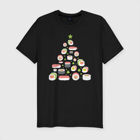 Мужская футболка хлопок Slim с принтом Новогодняя елка из суши в Екатеринбурге, 92% хлопок, 8% лайкра | приталенный силуэт, круглый вырез ворота, длина до линии бедра, короткий рукав | Тематика изображения на принте: christmas | claus | new year | nigiri | santa | stars | sushi | tree | волшебство | дед мороз | дерево | ель | звезда | клаус | настроение | нигири | новогодняя | подарки | рождественская | рождественское | санта | сашими