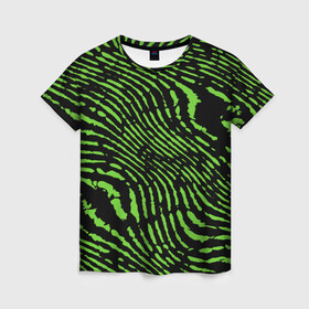 Женская футболка 3D с принтом Зебра в Екатеринбурге, 100% полиэфир ( синтетическое хлопкоподобное полотно) | прямой крой, круглый вырез горловины, длина до линии бедер | green | green lines | green neon | green neon lines | green zebra | lines | zebra | в полоску | зебра | зеленая зебра | зелёные полосы | зелёный | зелёный неон | полоски | полосы